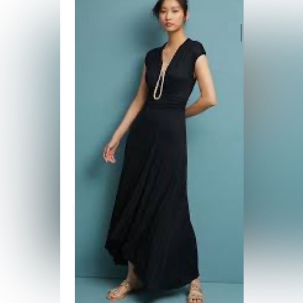 Anthropologie Maeve Bristol Black Maxi Dress - Elegant V-Neck faux wrap -small